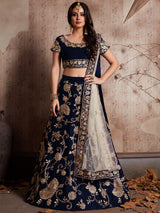 Dark Blue Embroidered Semi Stitched Lehenga With Unstitched Blouse