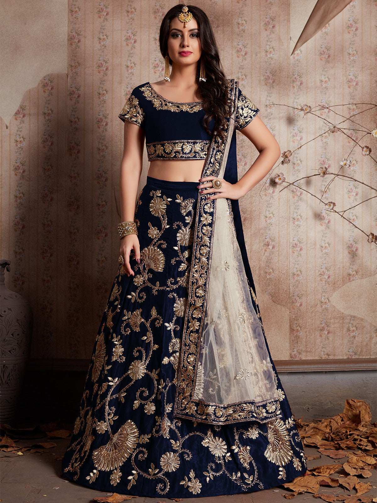 Dark Blue Embroidered Semi Stitched Lehenga With Unstitched Blouse