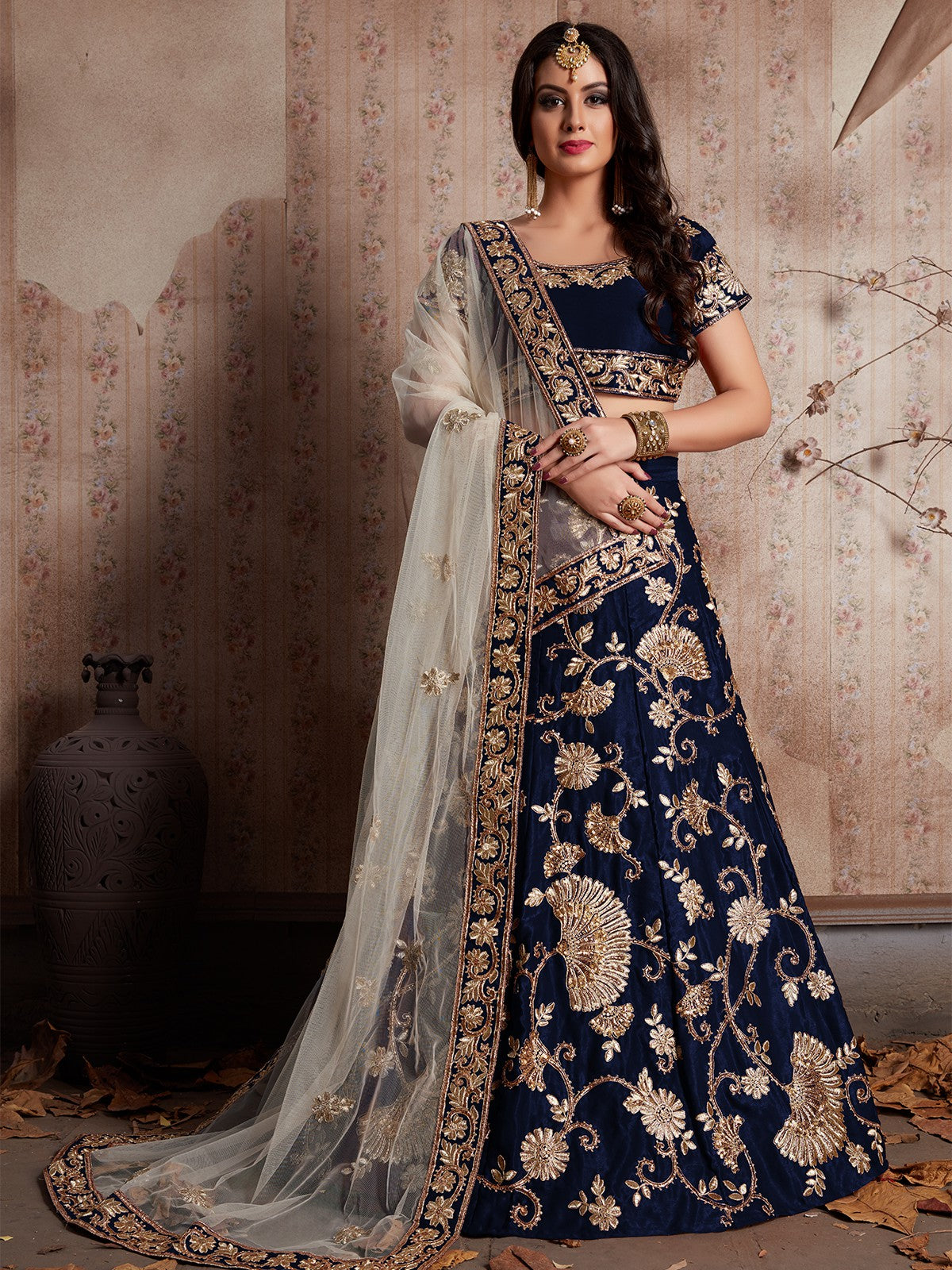 Dark Blue Embroidered Semi Stitched Lehenga With Unstitched Blouse