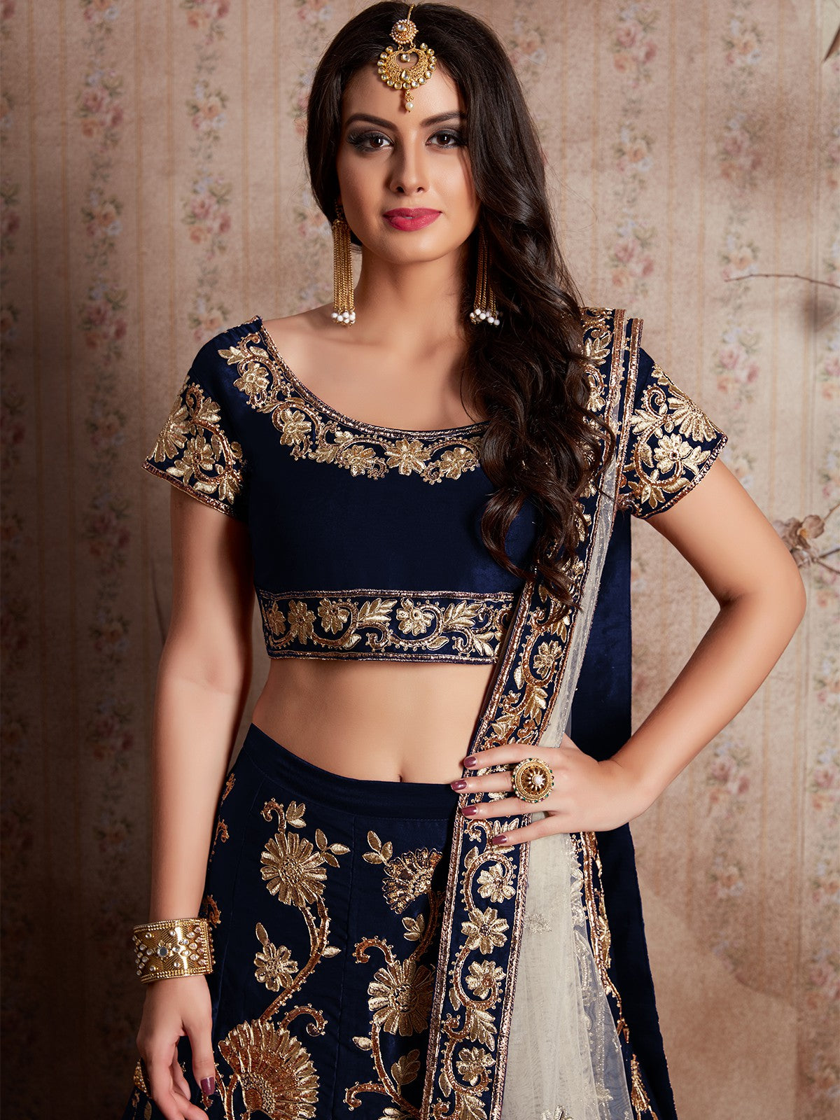 Dark Blue Embroidered Semi Stitched Lehenga With Unstitched Blouse