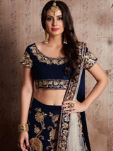 Dark Blue Embroidered Semi Stitched Lehenga With Unstitched Blouse