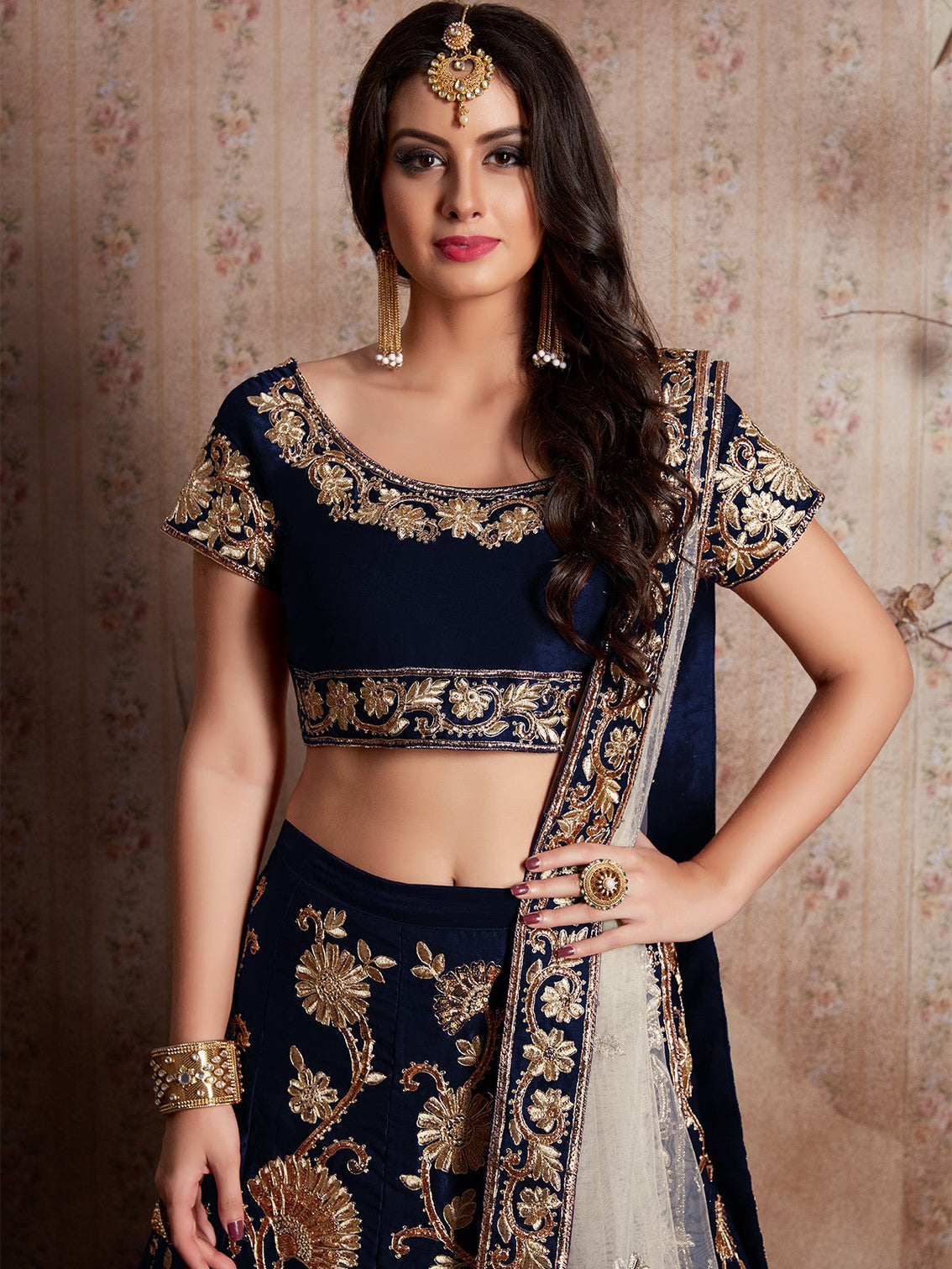 Dark Blue Embroidered Semi Stitched Lehenga With Unstitched Blouse