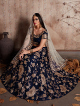 Dark Blue Embroidered Semi Stitched Lehenga With Unstitched Blouse