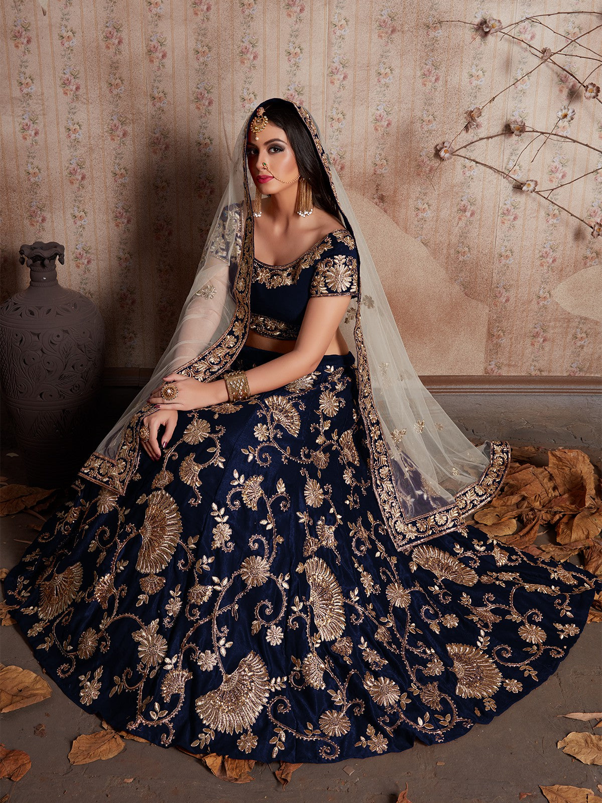 Dark Blue Embroidered Semi Stitched Lehenga With Unstitched Blouse