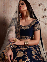 Dark Blue Embroidered Semi Stitched Lehenga With Unstitched Blouse