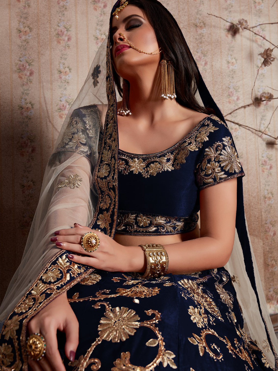 Dark Blue Embroidered Semi Stitched Lehenga With Unstitched Blouse