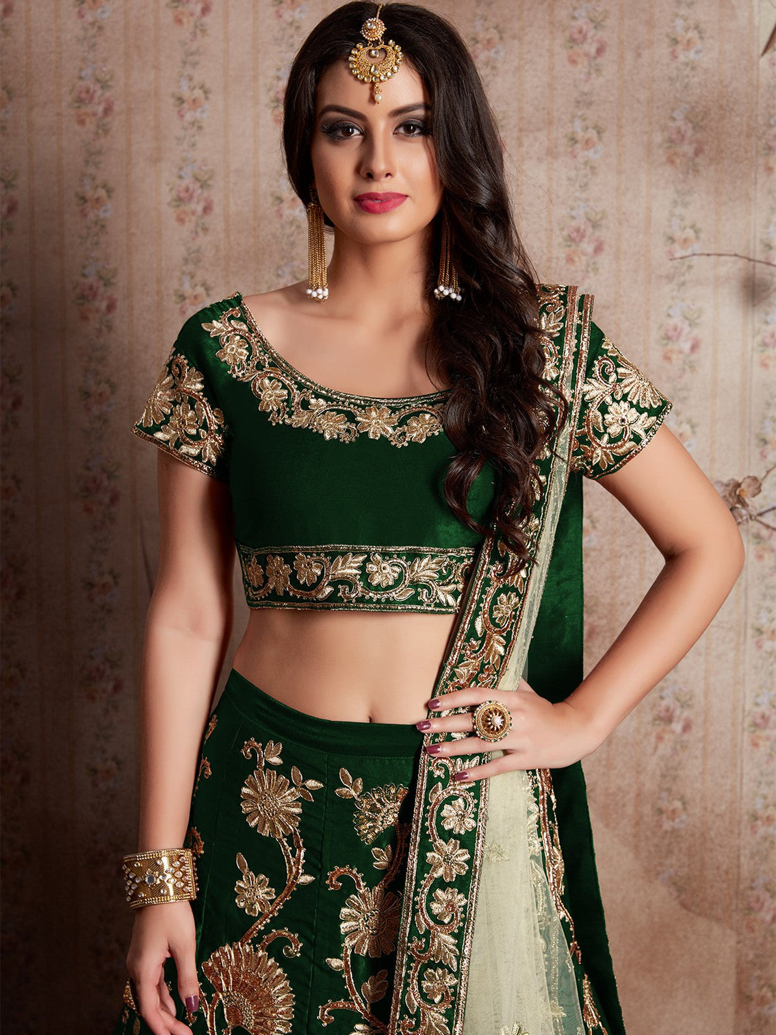 Dark Green Embroidered Semi Stitched Lehenga With Unstitched Blouse