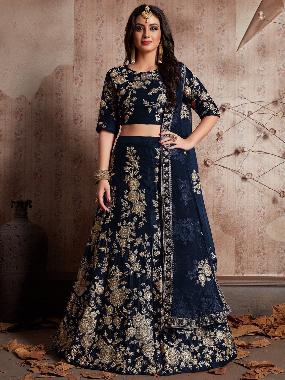 Dark Blue Embroidered Semi Stitched Lehenga With Unstitched Blouse