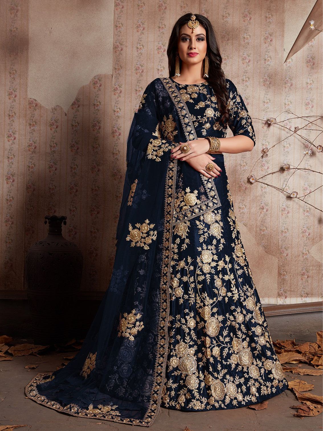 Dark Blue Embroidered Semi Stitched Lehenga With Unstitched Blouse
