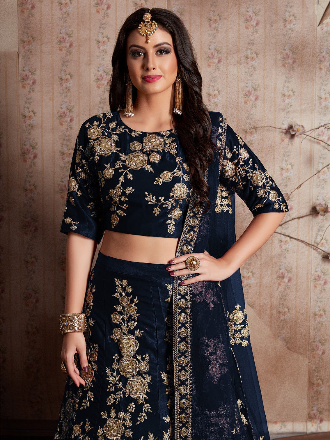Dark Blue Embroidered Semi Stitched Lehenga With Unstitched Blouse