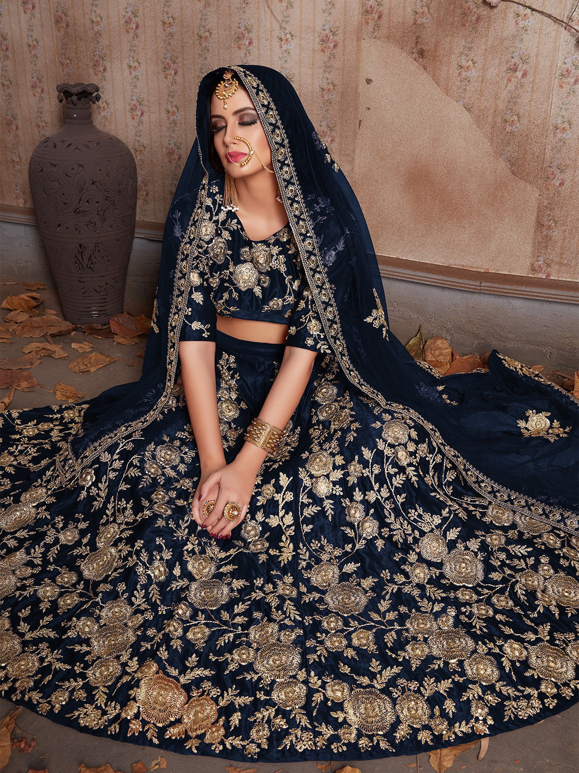 Dark Blue Embroidered Semi Stitched Lehenga With Unstitched Blouse