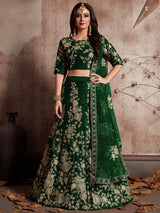 Dark Green Embroidered Semi Stitched Lehenga With Unstitched Blouse