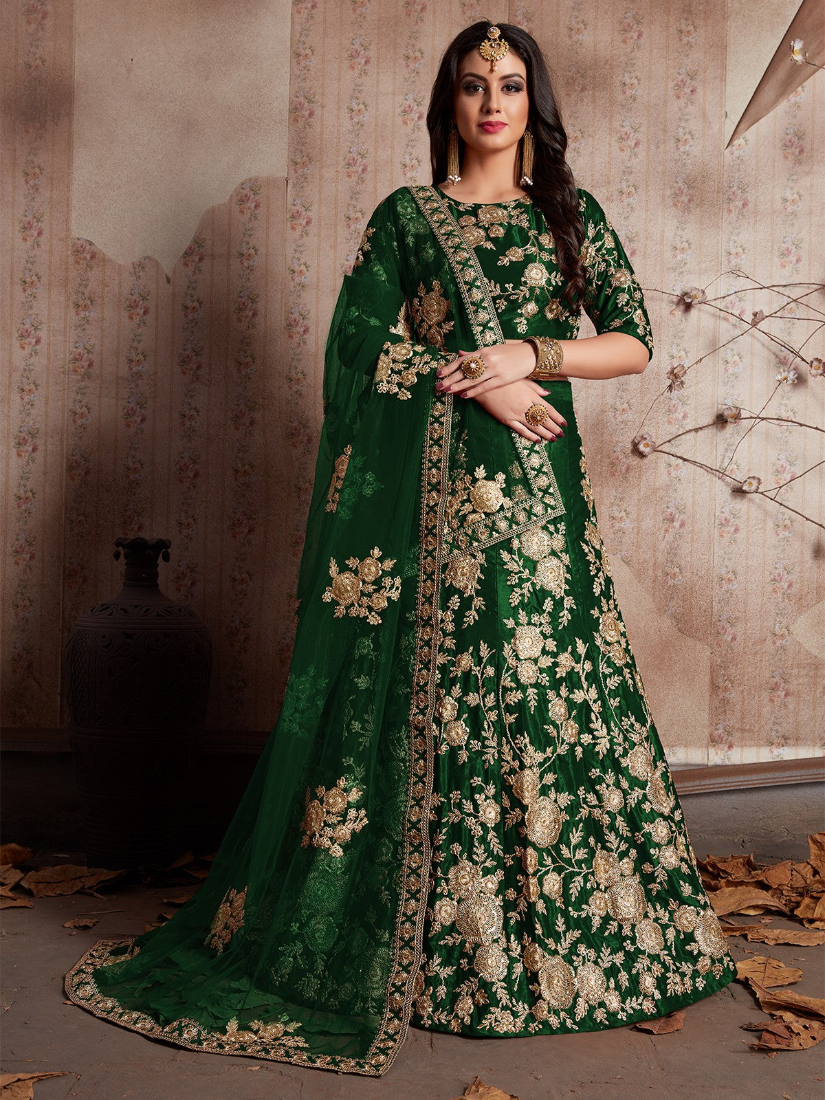 Dark Green Embroidered Semi Stitched Lehenga With Unstitched Blouse