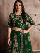 Dark Green Embroidered Semi Stitched Lehenga With Unstitched Blouse