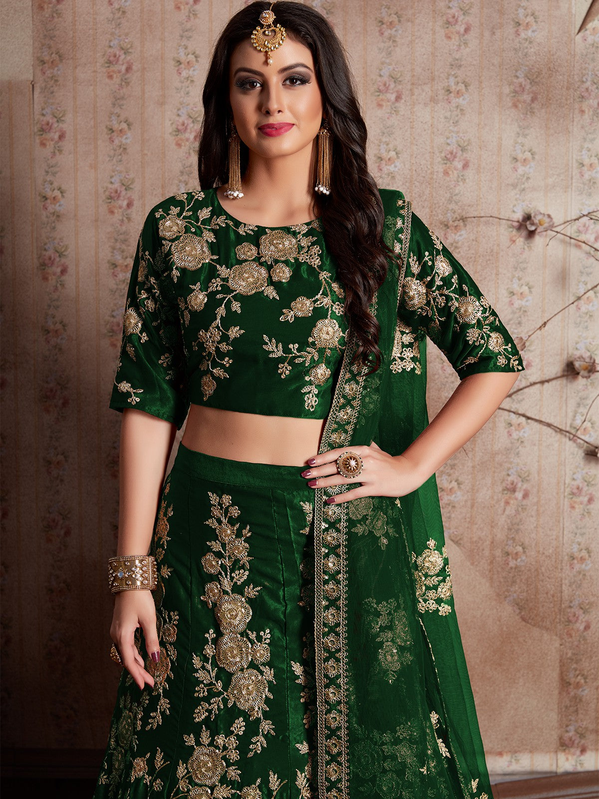 Dark Green Embroidered Semi Stitched Lehenga With Unstitched Blouse