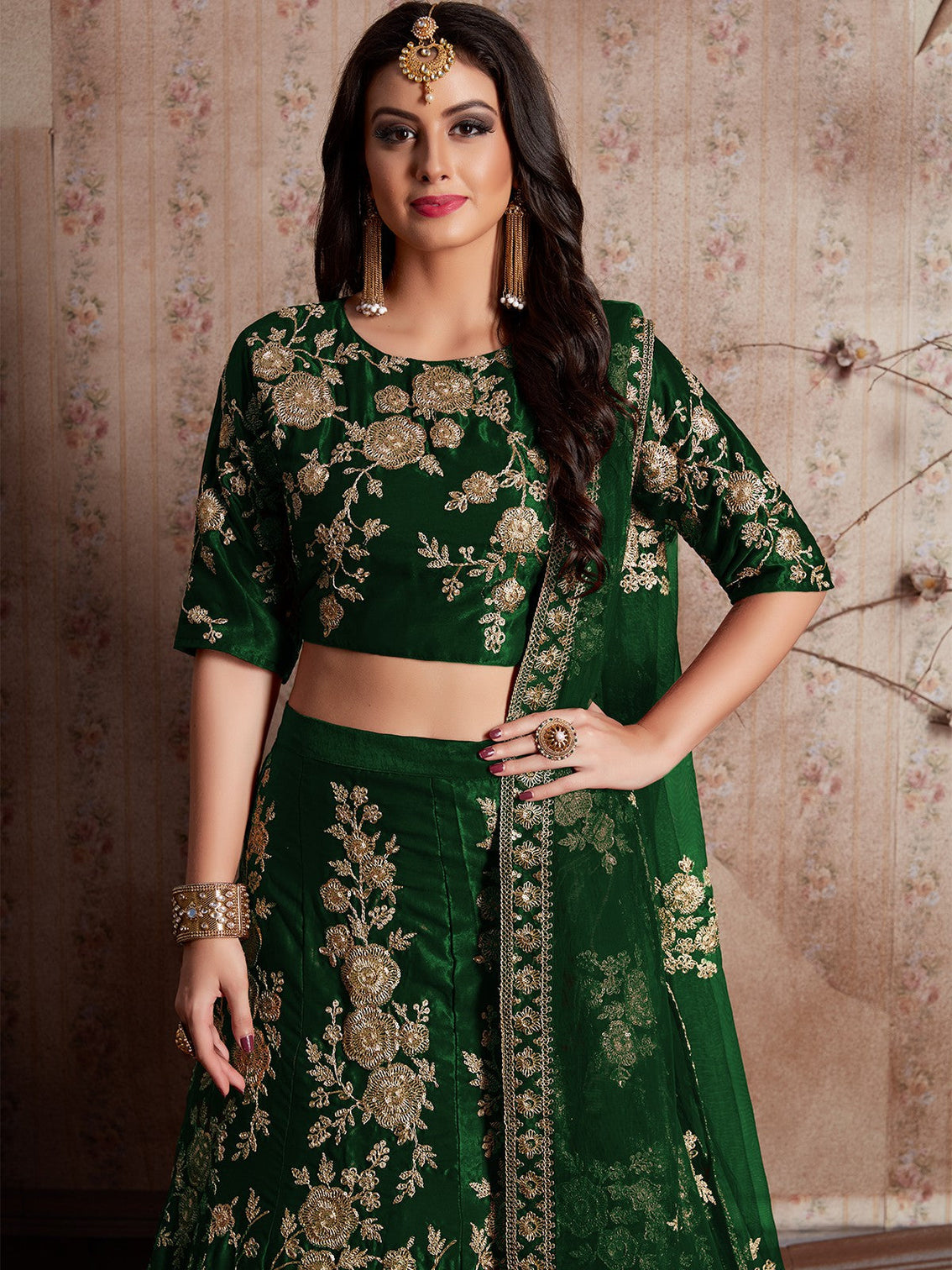 Dark Green Embroidered Semi Stitched Lehenga With Unstitched Blouse