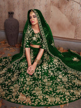 Dark Green Embroidered Semi Stitched Lehenga With Unstitched Blouse