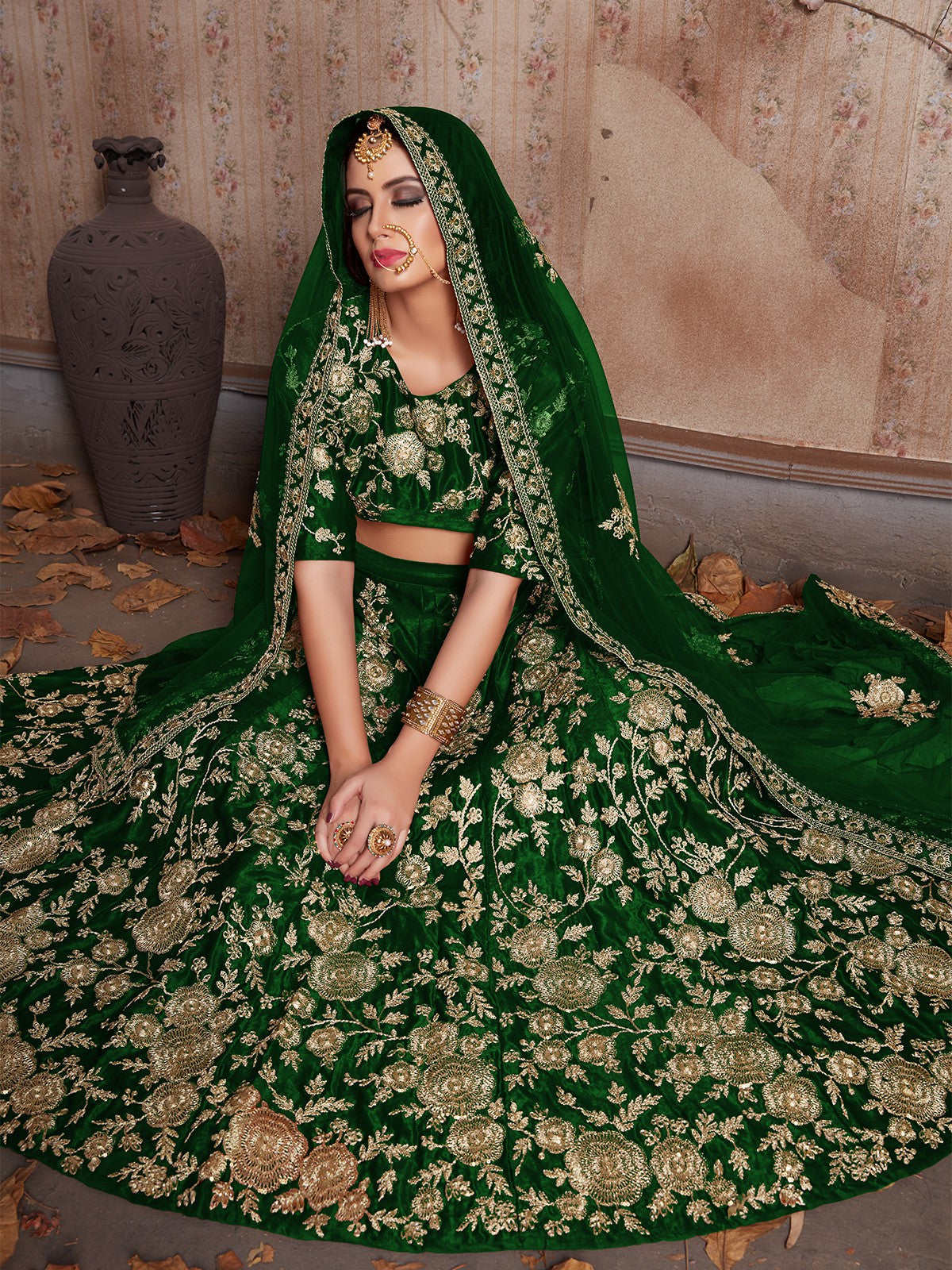Dark Green Embroidered Semi Stitched Lehenga With Unstitched Blouse