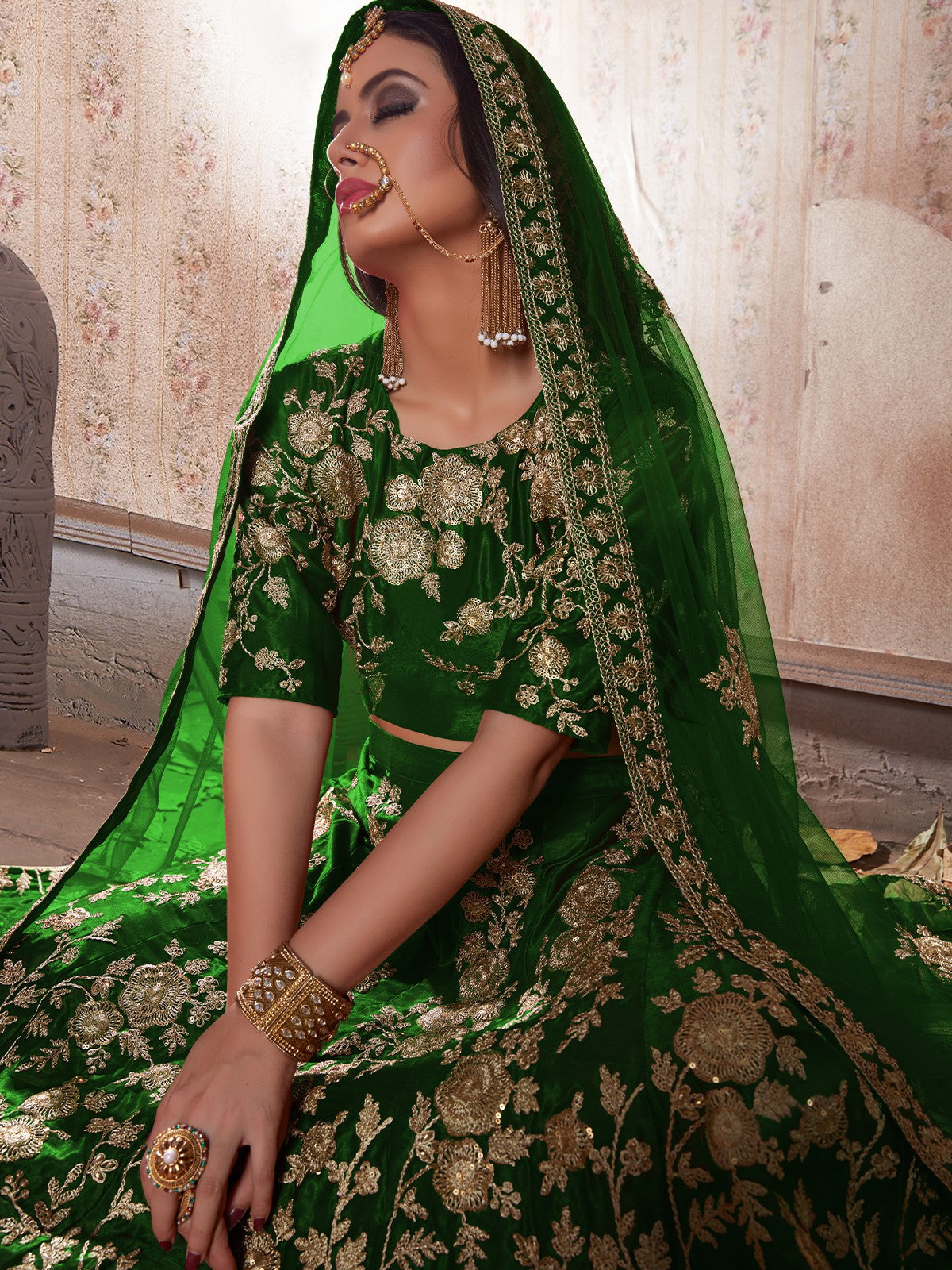 Dark Green Embroidered Semi Stitched Lehenga With Unstitched Blouse
