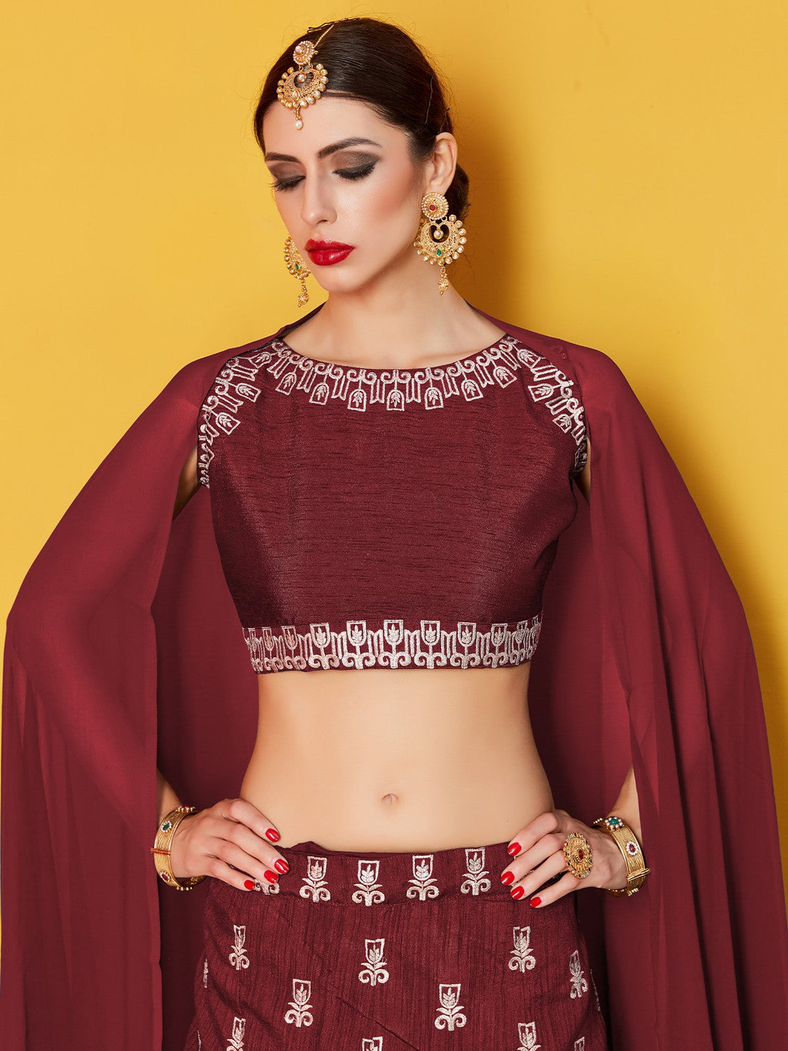 Maroon Embroidered Semi Stitched Lehenga With Unstitched Blouse
