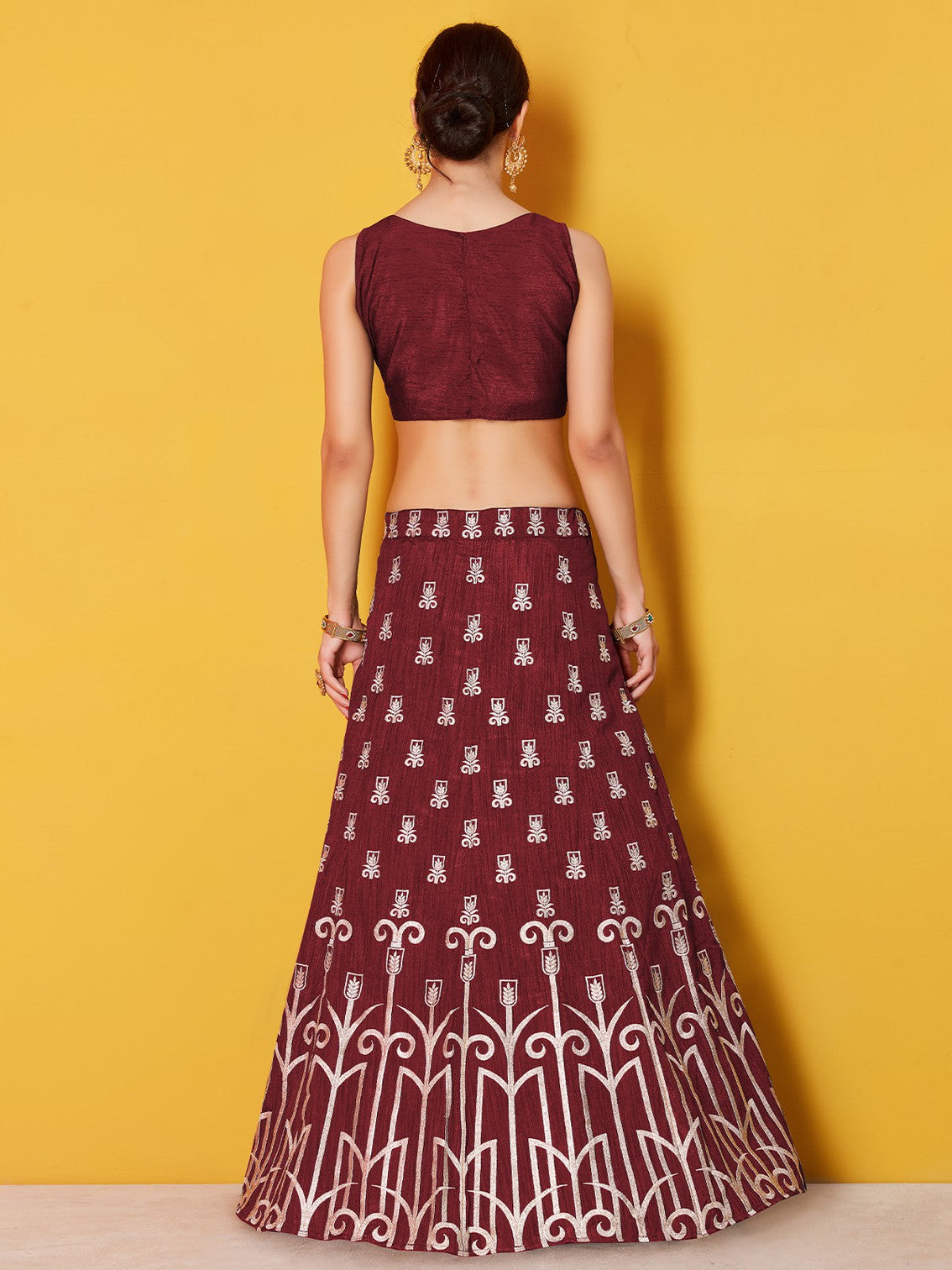 Maroon Embroidered Semi Stitched Lehenga With Unstitched Blouse