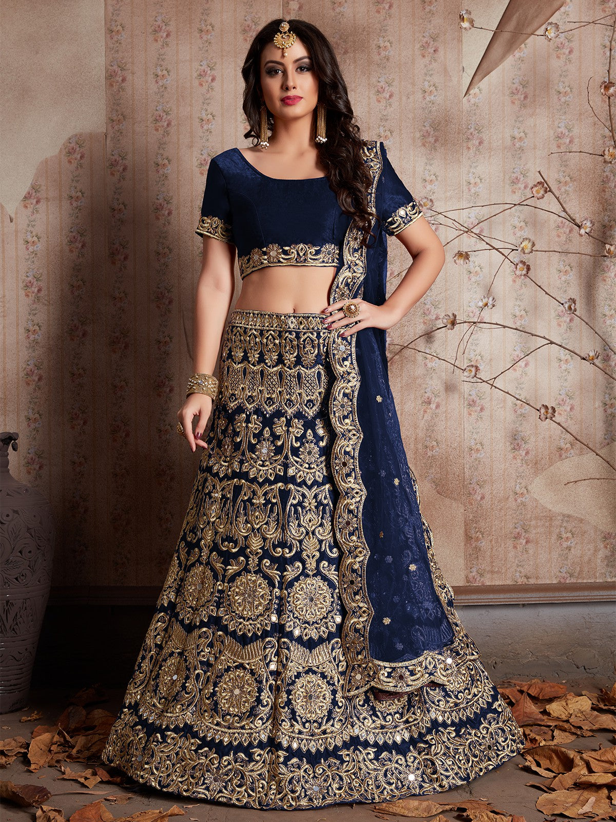 Dark Blue Embroidered Semi Stitched Lehenga With Unstitched Blouse