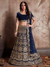 Dark Blue Embroidered Semi Stitched Lehenga With Unstitched Blouse