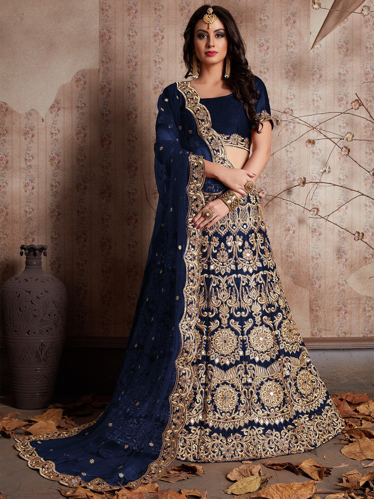 Dark Blue Embroidered Semi Stitched Lehenga With Unstitched Blouse