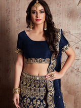 Dark Blue Embroidered Semi Stitched Lehenga With Unstitched Blouse