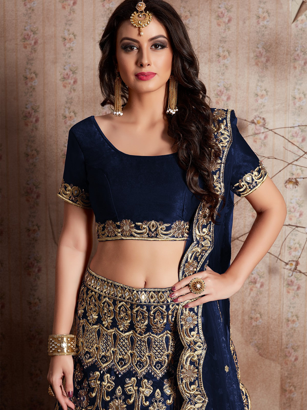 Dark Blue Embroidered Semi Stitched Lehenga With Unstitched Blouse