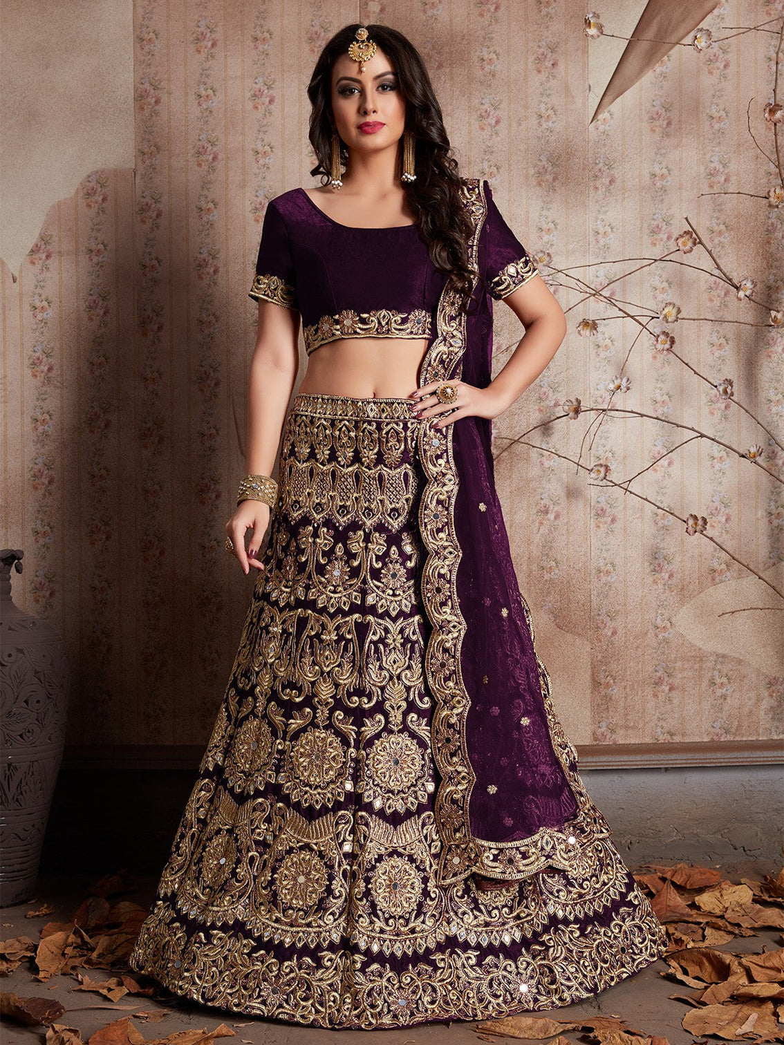 Voilet Embroidered Semi Stitched Lehenga With Unstitched Blouse