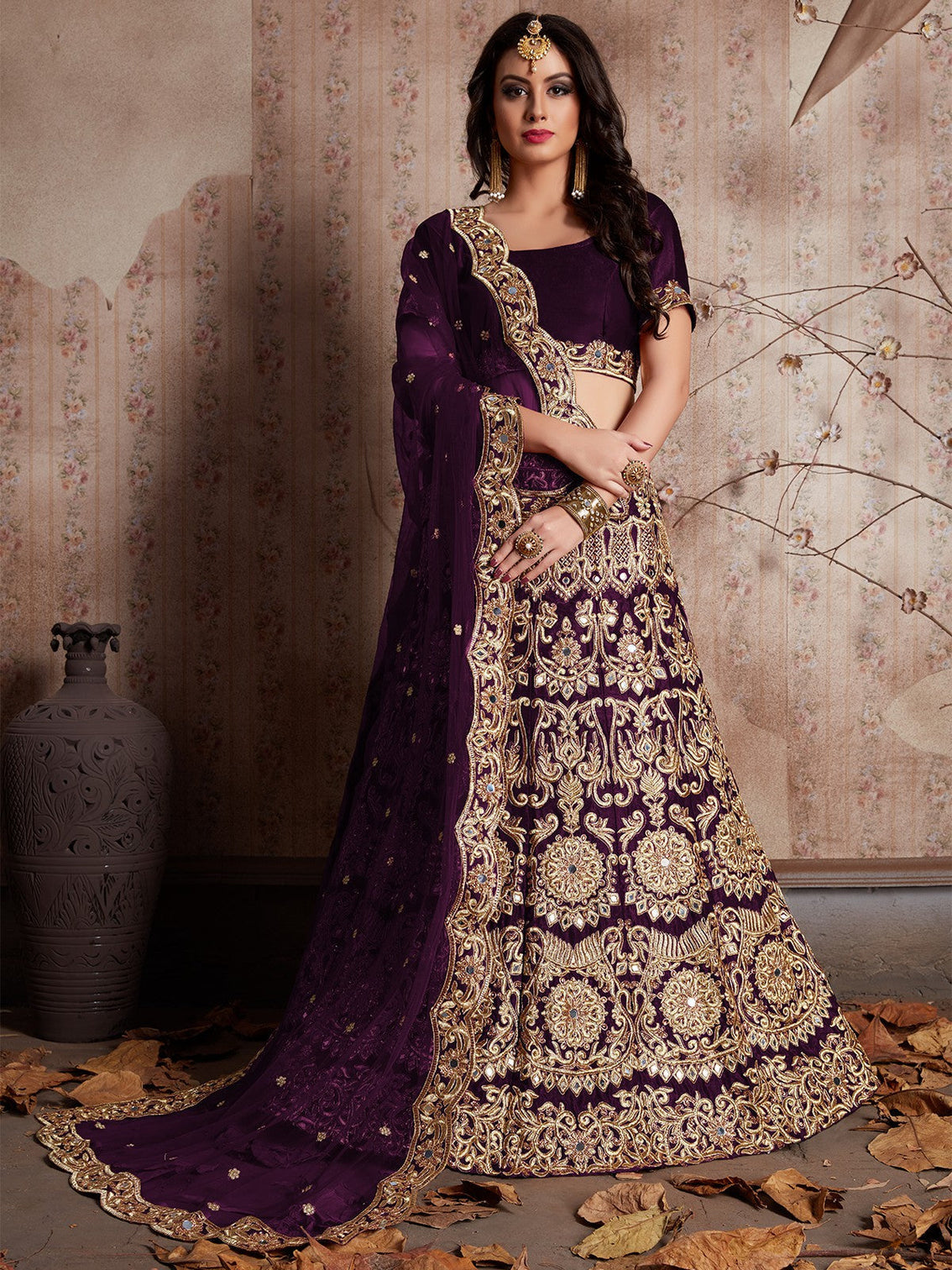 Voilet Embroidered Semi Stitched Lehenga With Unstitched Blouse
