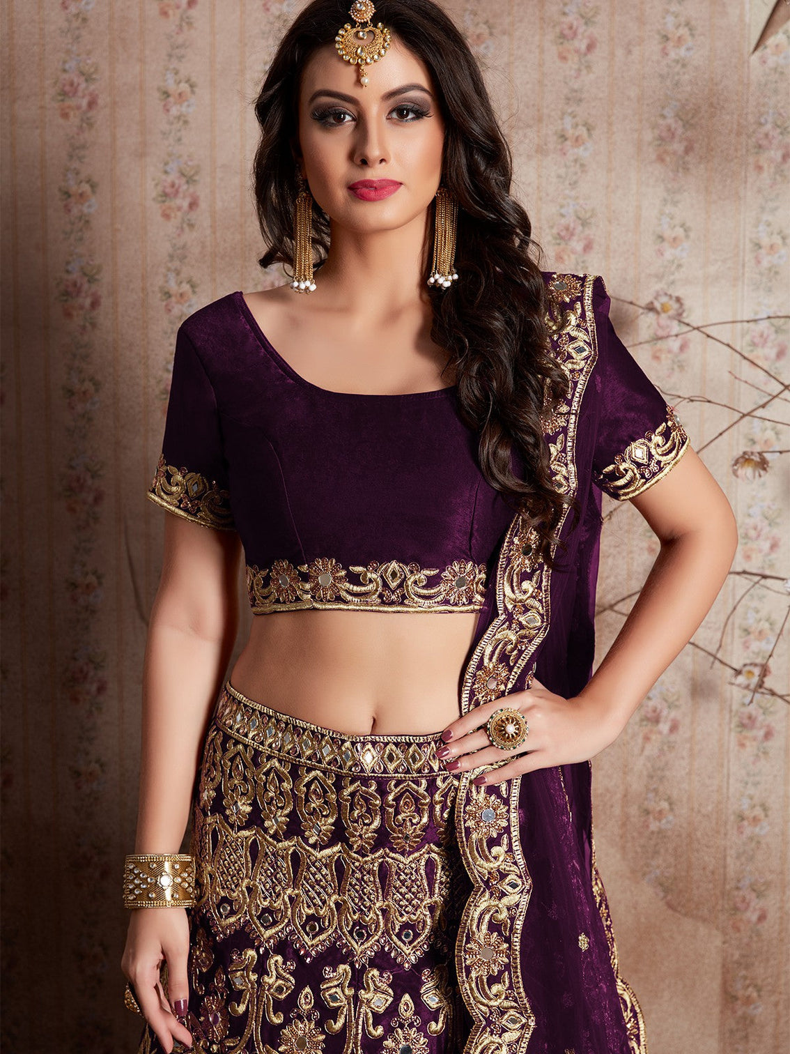 Voilet Embroidered Semi Stitched Lehenga With Unstitched Blouse