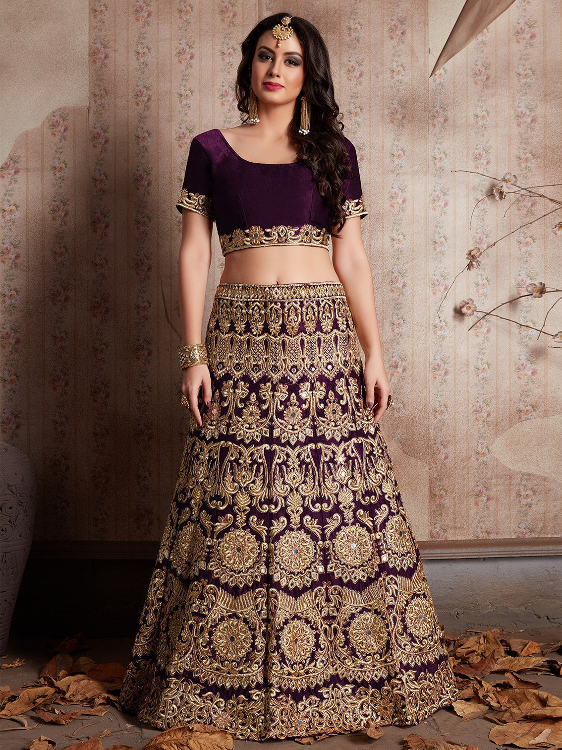 Voilet Embroidered Semi Stitched Lehenga With Unstitched Blouse