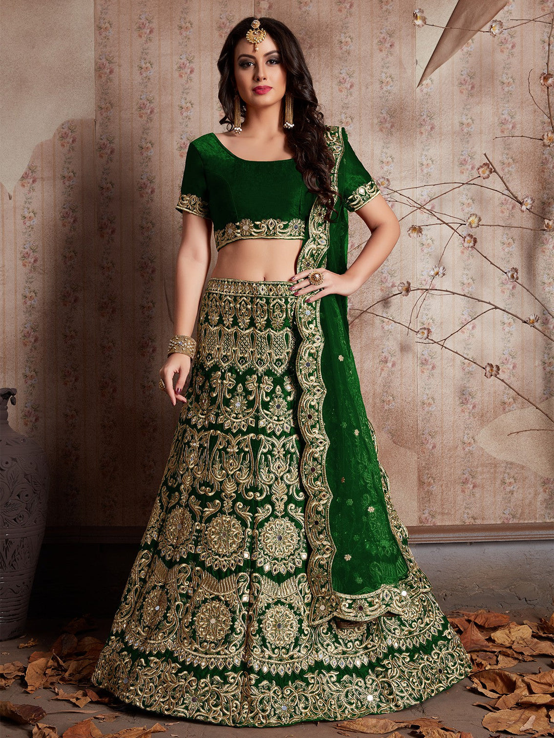Dark Green Embroidered Semi Stitched Lehenga With Unstitched Blouse