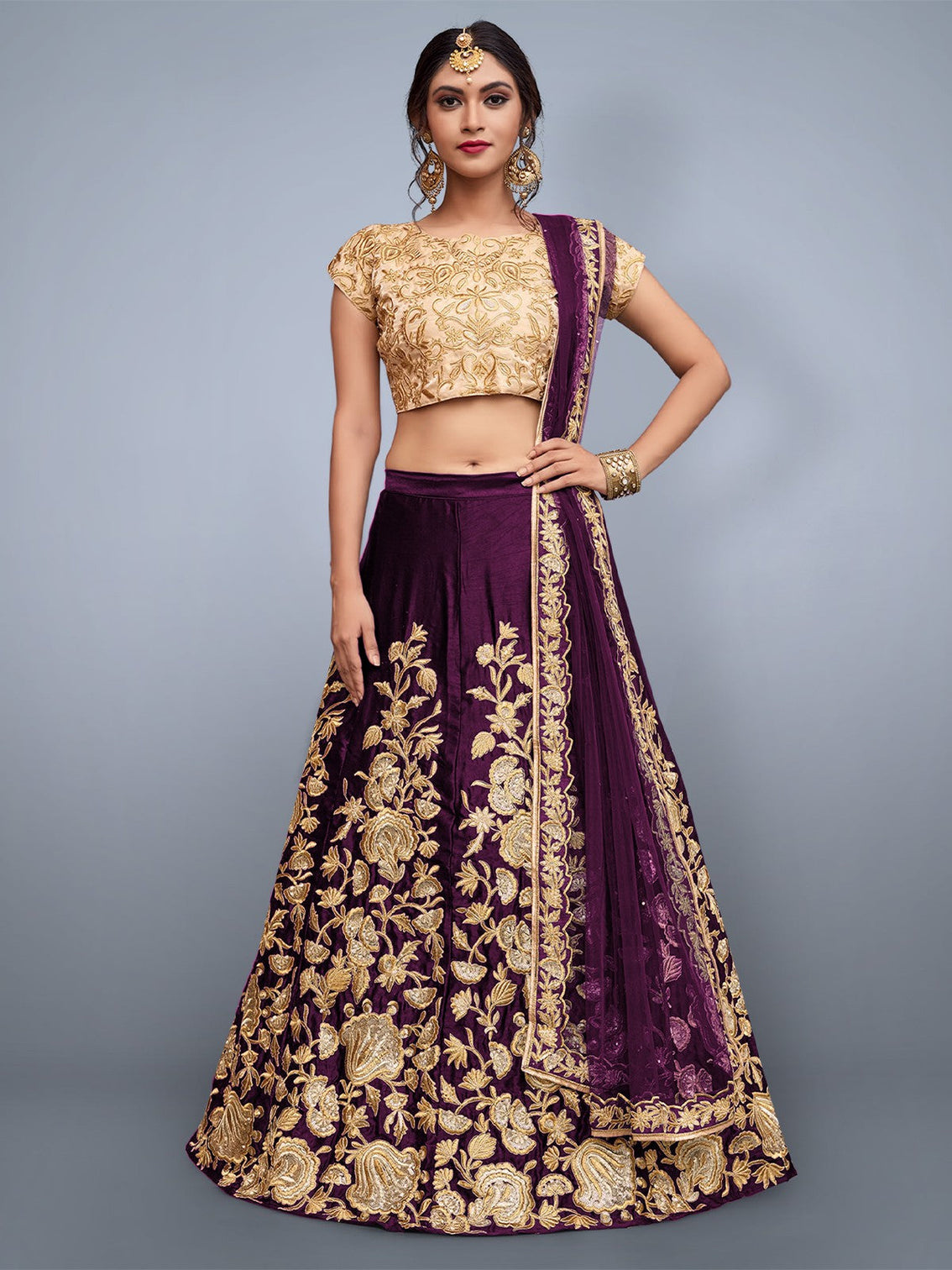 Voilet Embroidered Semi Stitched Lehenga With Unstitched Blouse
