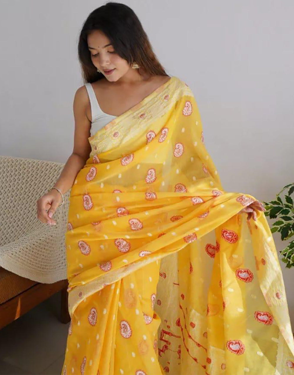 Yellow Soft Linen Cotton Saree With Weaving Border