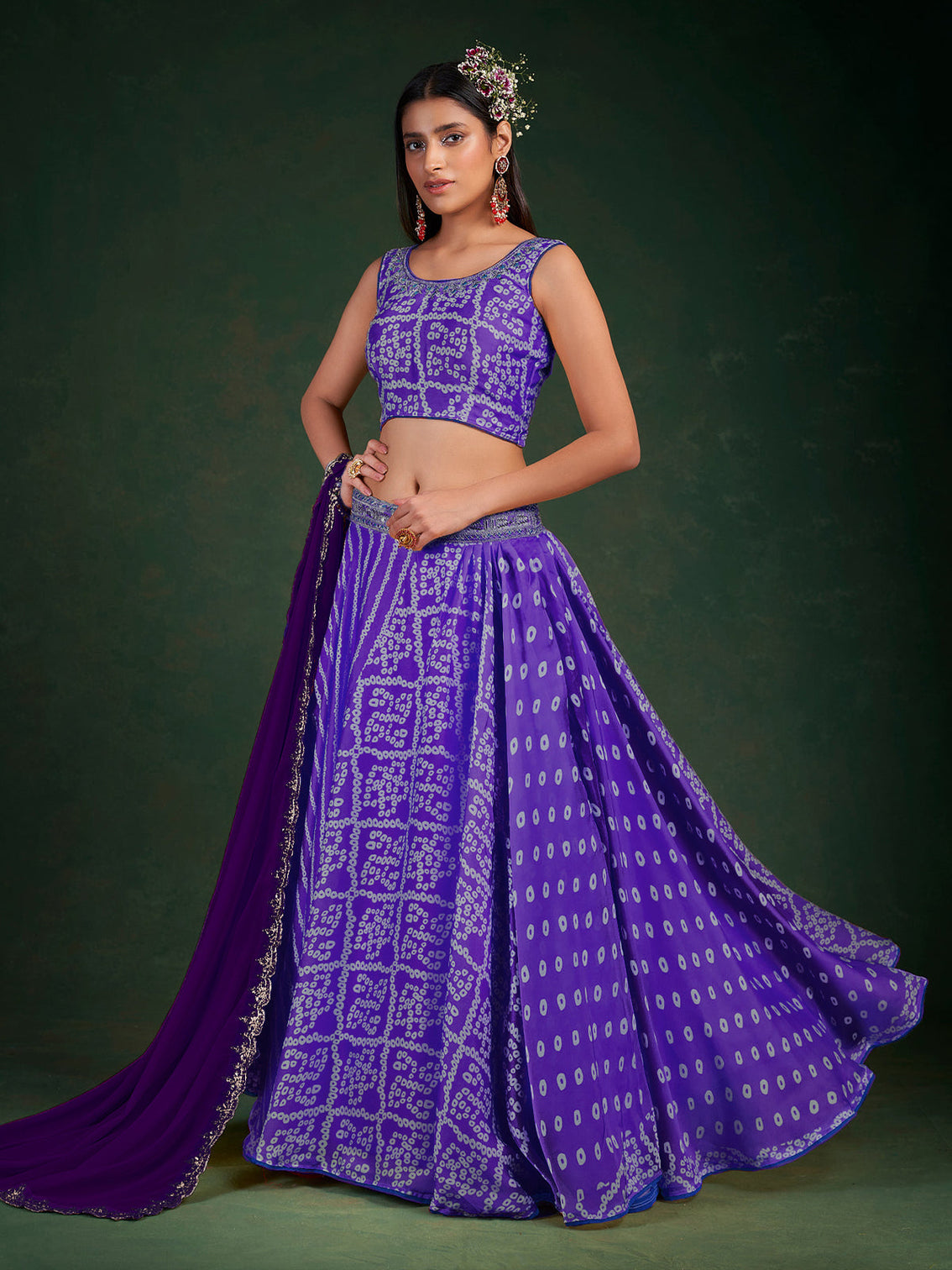 Purple Chinon Printed Semi Stitched Lehenga Choli