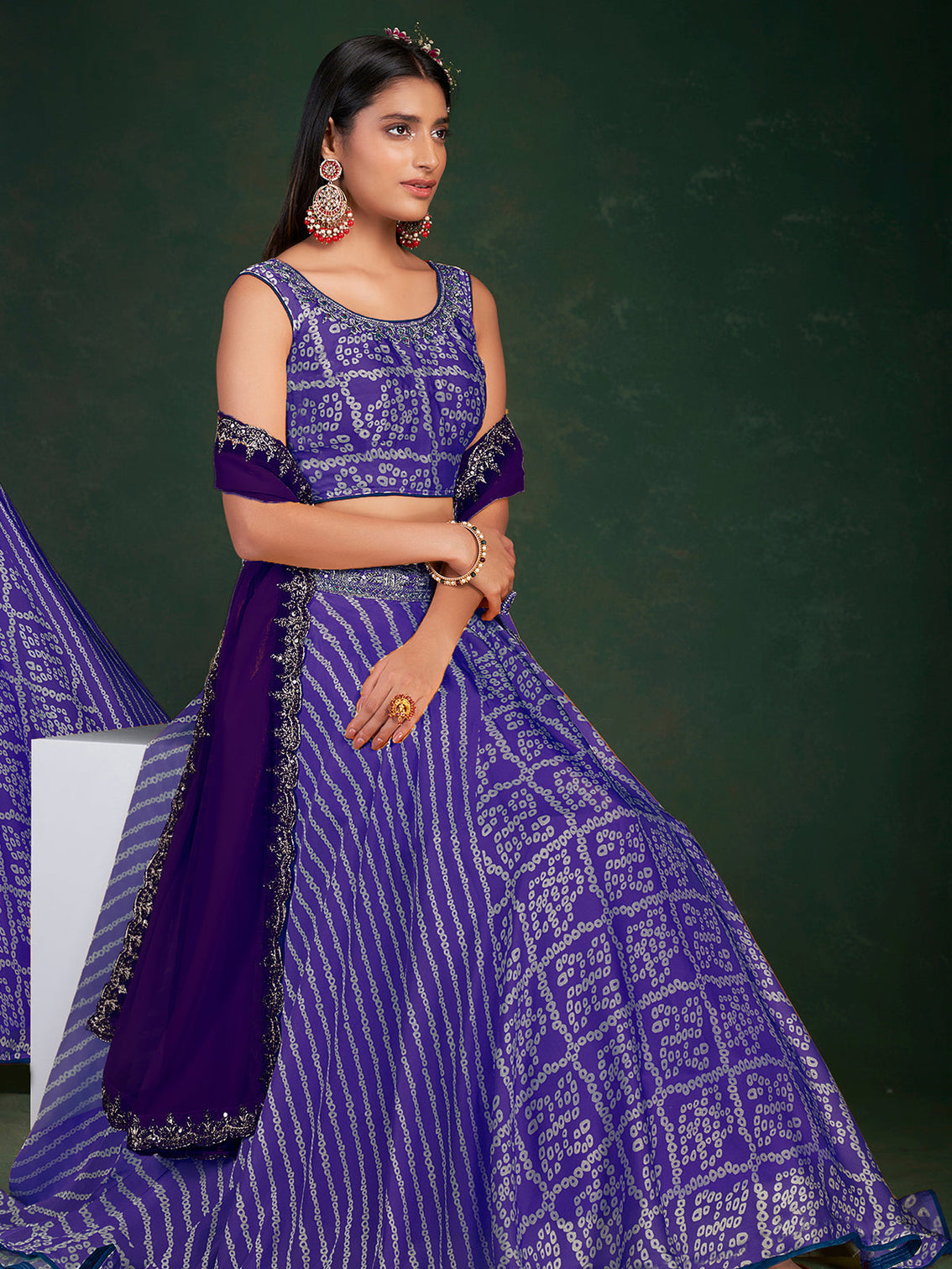 Purple Chinon Printed Semi Stitched Lehenga Choli