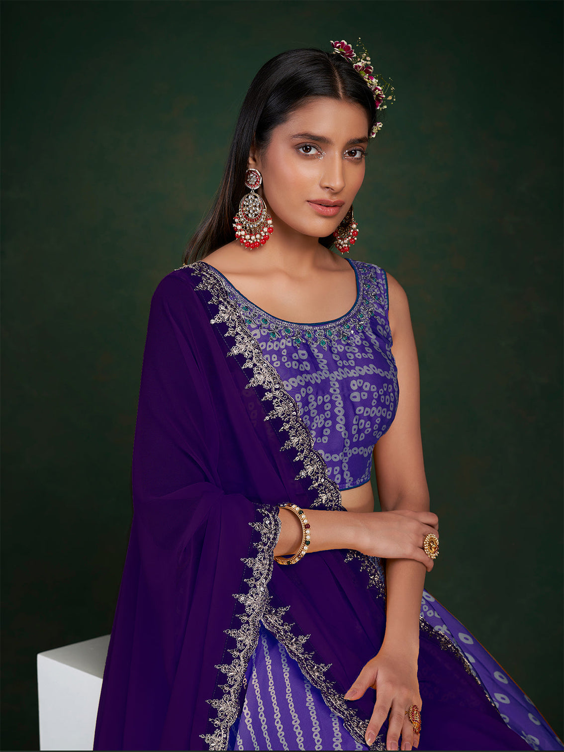 Purple Chinon Printed Semi Stitched Lehenga Choli