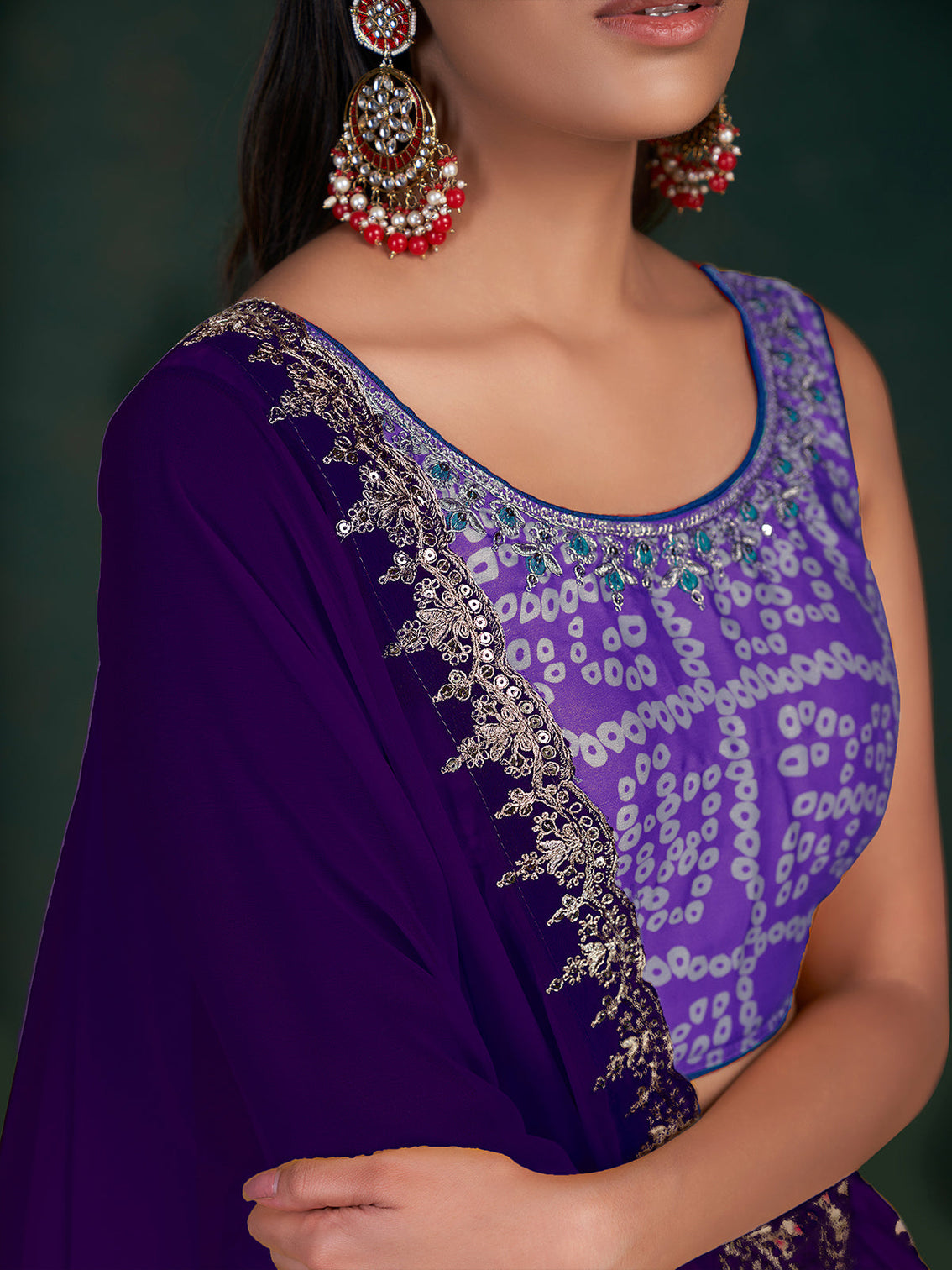 Purple Chinon Printed Semi Stitched Lehenga Choli