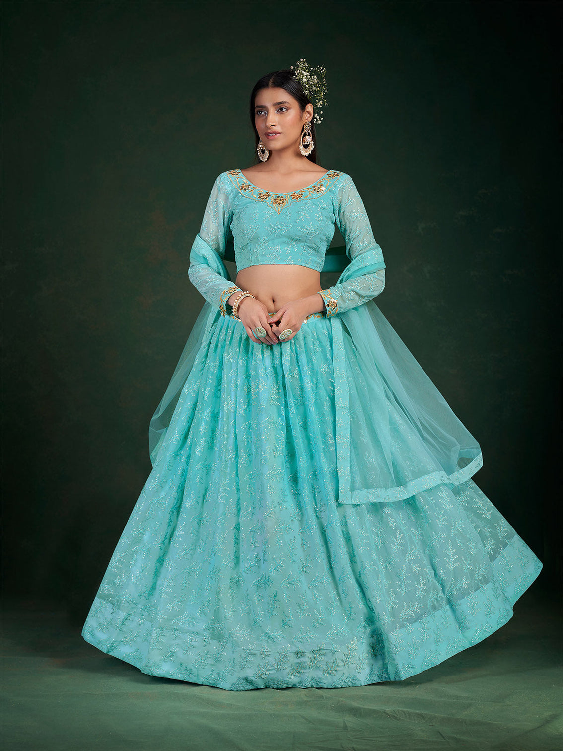Blue Embroidered Festive Semi Stitched Lehenga With  Unstitched Blouse