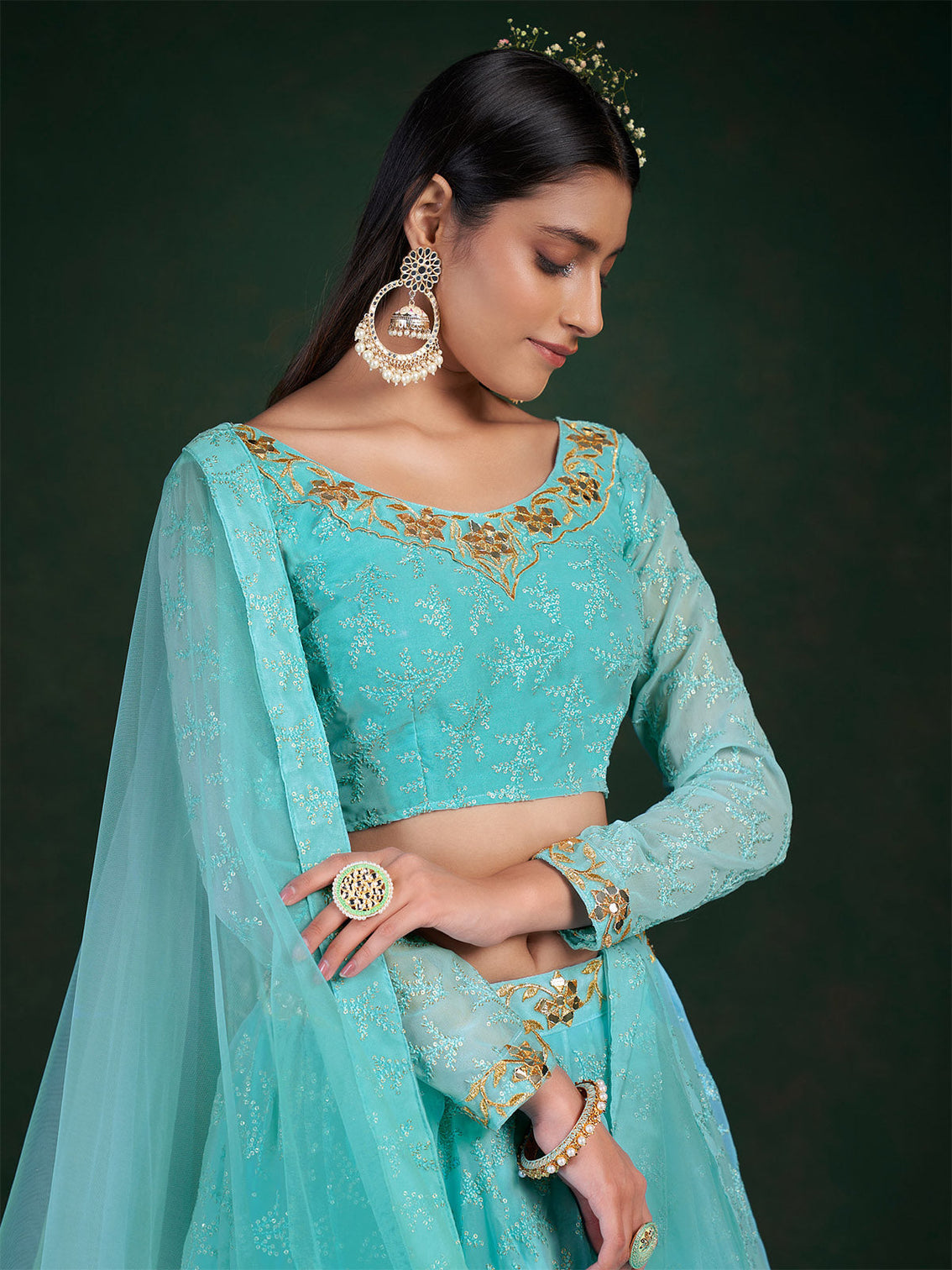 Blue Embroidered Festive Semi Stitched Lehenga With  Unstitched Blouse