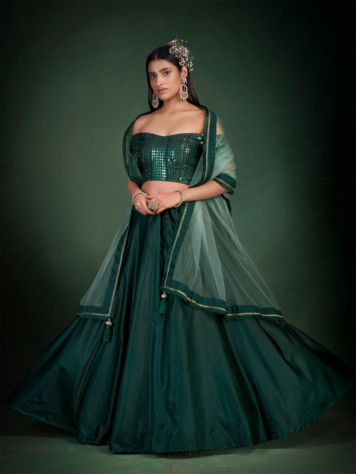 Dark Green Embroidered Festive Semi Stitched Lehenga With  Unstitched Blouse