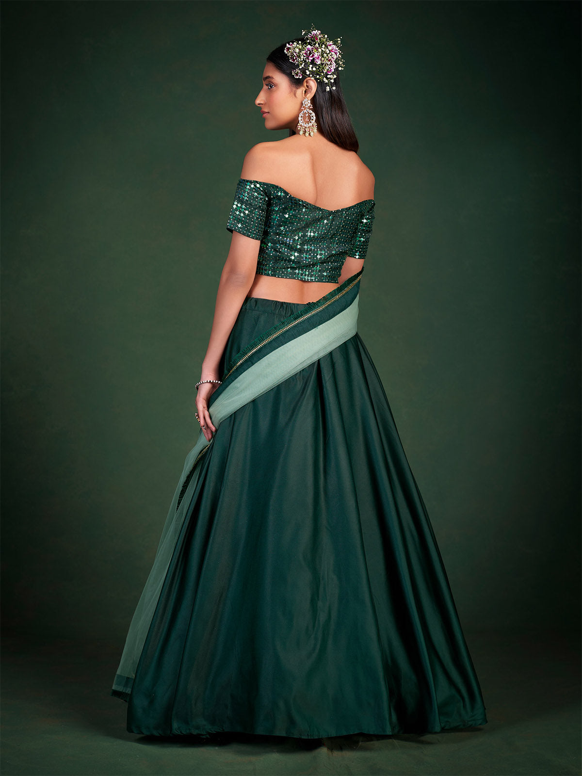 Dark Green Embroidered Festive Semi Stitched Lehenga With  Unstitched Blouse