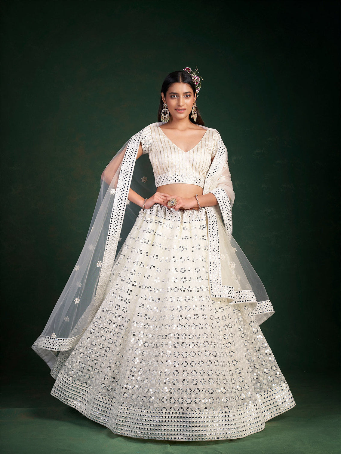White Embroidered Festive Semi Stitched Lehenga With  Unstitched Blouse