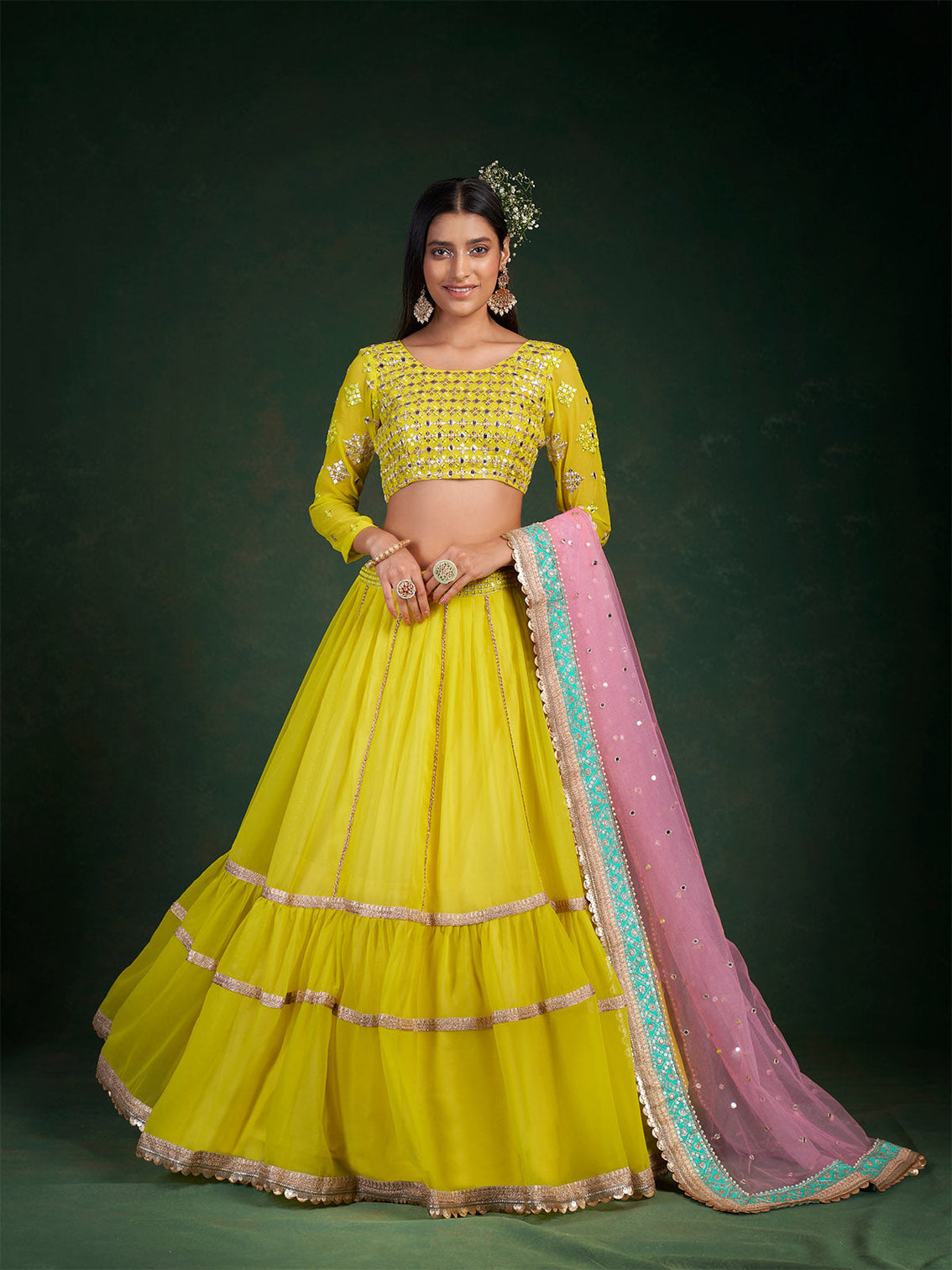 Lime Embroidered Festive Semi Stitched Lehenga With  Unstitched Blouse
