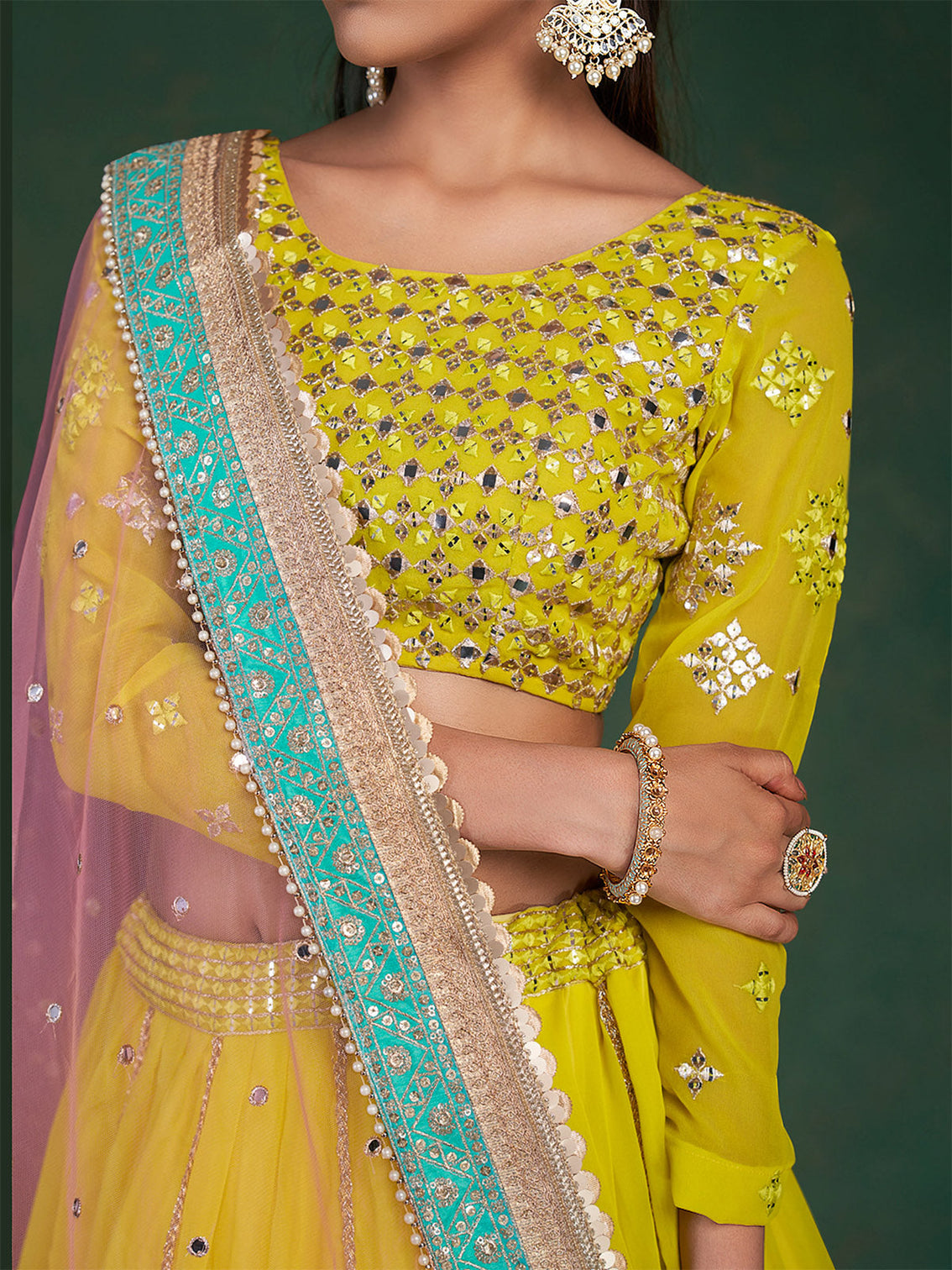 Lime Embroidered Festive Semi Stitched Lehenga With  Unstitched Blouse