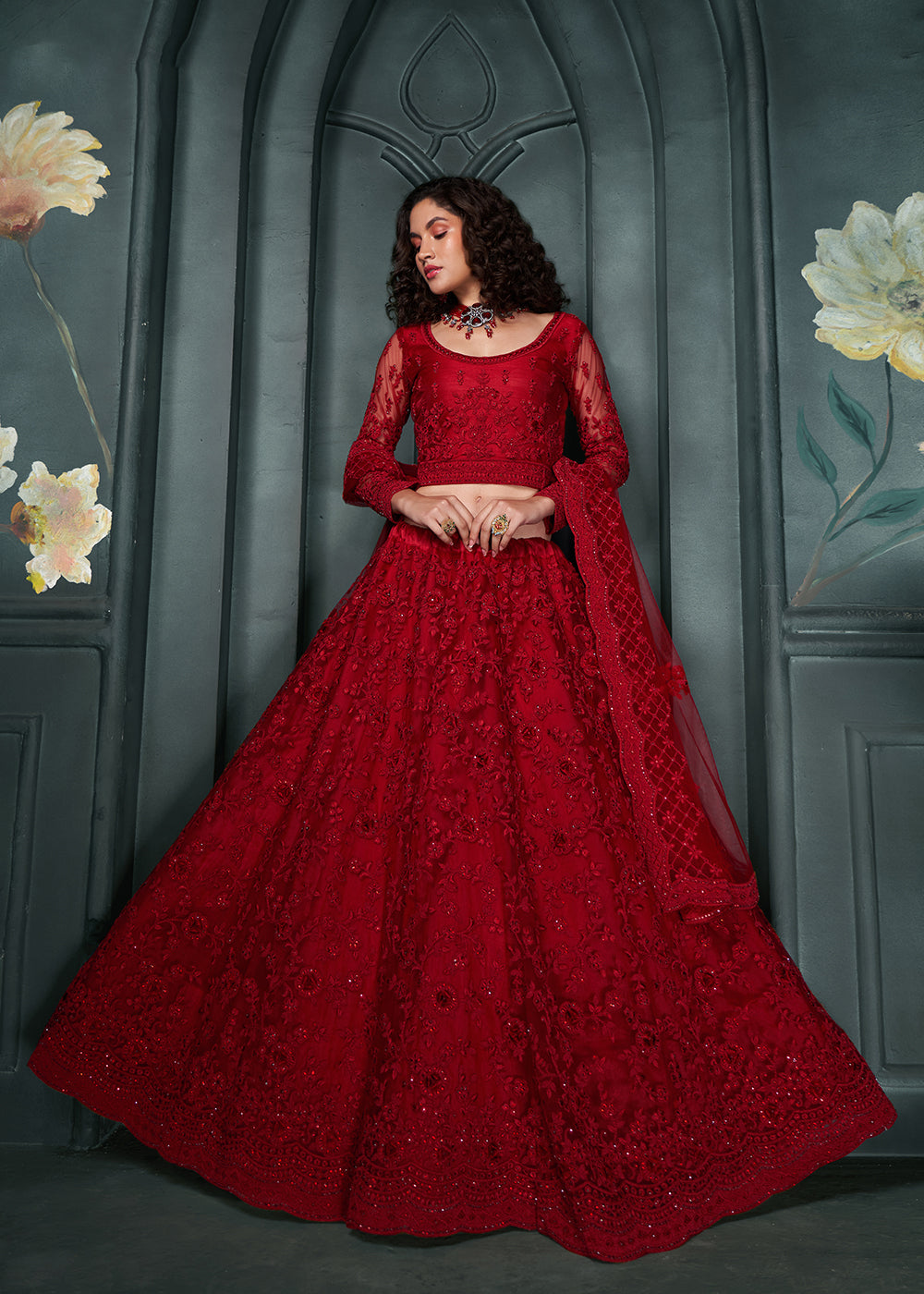 Designer Red Beautifully Embroidered Bridal  Lehenga Choli