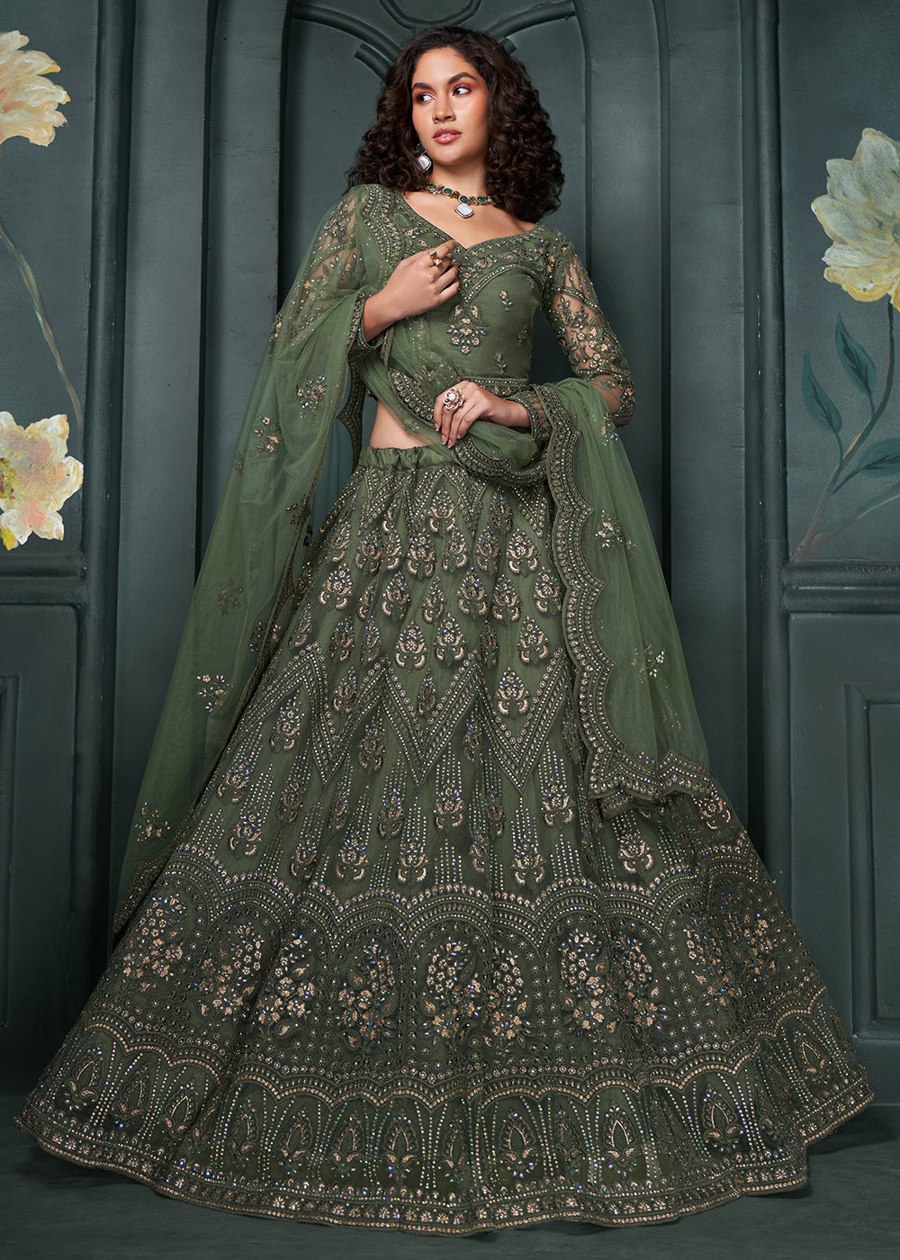 Designer Dark Olive  Beautifully Embroidered Bridal  Lehenga Choli